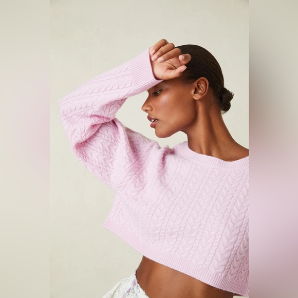 NEW! LoveShackFancy Pale Pink Calloway Wool/Cashmere Blend Crop Sweater - Picture 4 of 17
